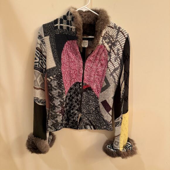 Myco Anna Women's Sweater Canadian Size 2 (S-M) Patchwork Fur Zip Up Jacket Boho - Picture 1 of 16